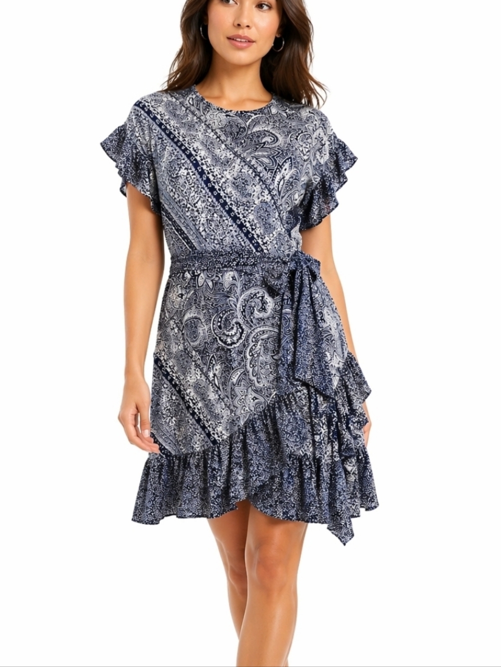 NWT Michael Michael Kors Navy White Paisley Floral Ruffle Wrap Style Dress